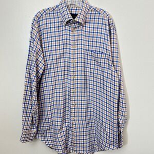Scott Barber Dress‎ Shirt Button Down Blue Tan Picnic Plaid Cotton Size Large